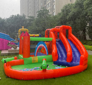 Happy Lion Inflatable Water Slide, Backyard Double Slide With Jumping Bouncer Water Slide For Kids