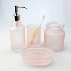 磨砂粉色浴室配件套装4件套，浴盐玻璃罐，洗发水泵瓶，玻璃肥皂盘