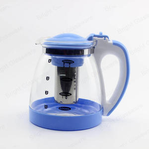大容量1800ml大手柄蓝色水壶玻璃茶壶带不锈钢浸泡器