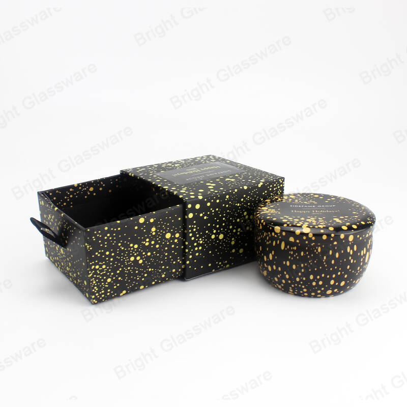 定制设计黑色刚性纸板滑动抽屉盒包装，带丝带蜡烛罐