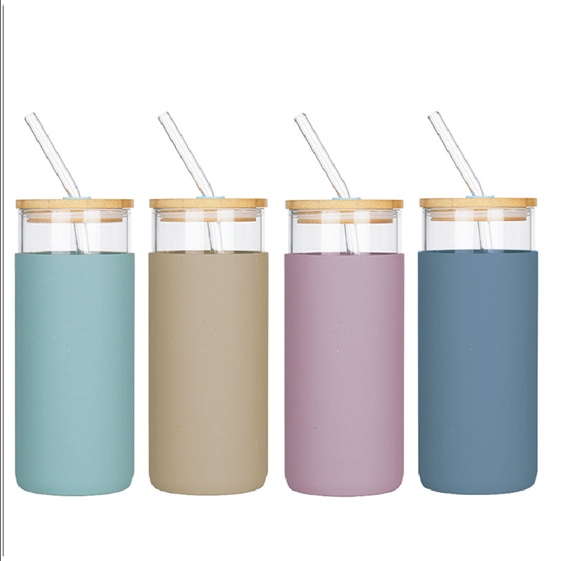 450ml 500ml Wide Mouth Borosilicate Glass Water Bottle With Straw And Bamboo Lids