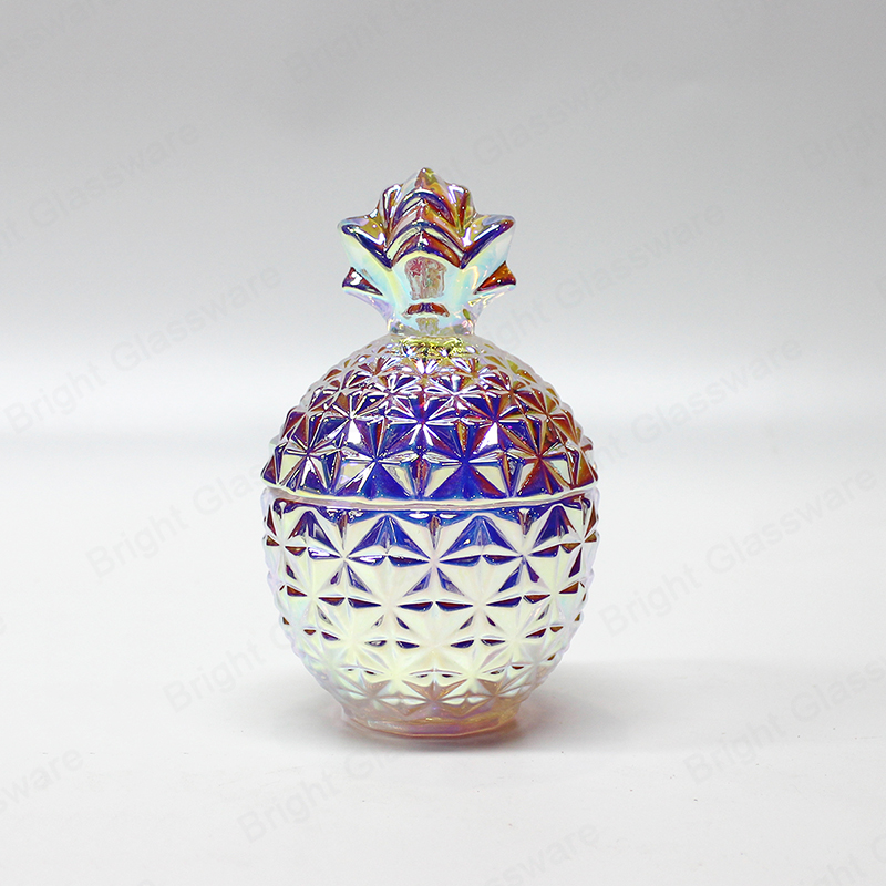 独特设计菠萝彩虹色玻璃蜡烛罐带盖