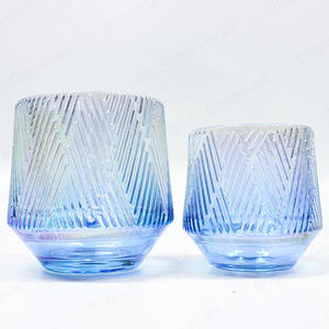 中国蜡烛罐条纹电镀透明蓝色玻璃罐家居装饰