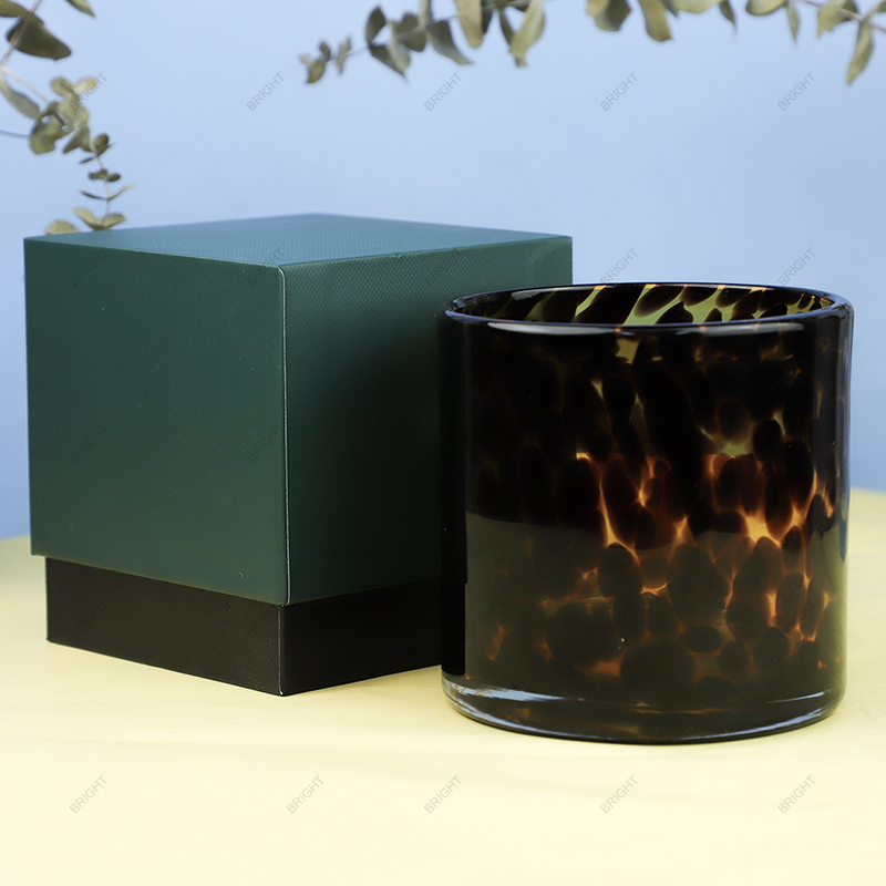 工厂大豆蜡豹纹玻璃蜡烛罐带盒定制工艺