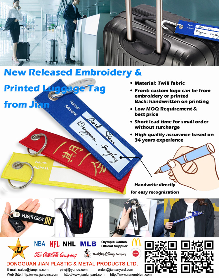 Новая выпущенная вышивка и напечатанная бирка багажа от Jian