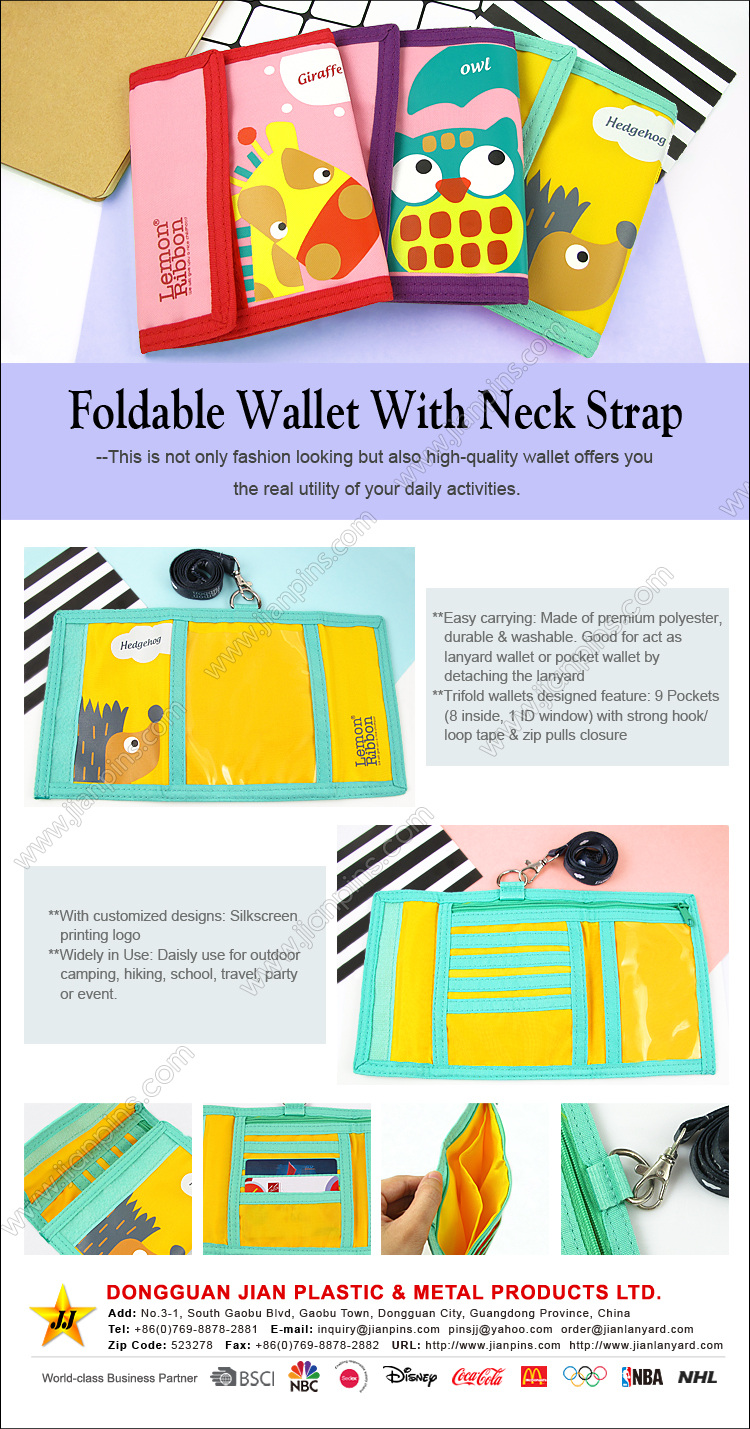 Foldable Wallet With Neck Strap trifold wallet with 9 pockets