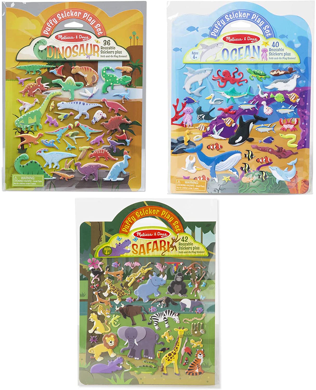 Reusable Puffy Sticker Wild Adventures Play Set 3-Pack (118 Stickers: Safari, Dinosaur, Ocean).puffy Sticker Play Set Safari