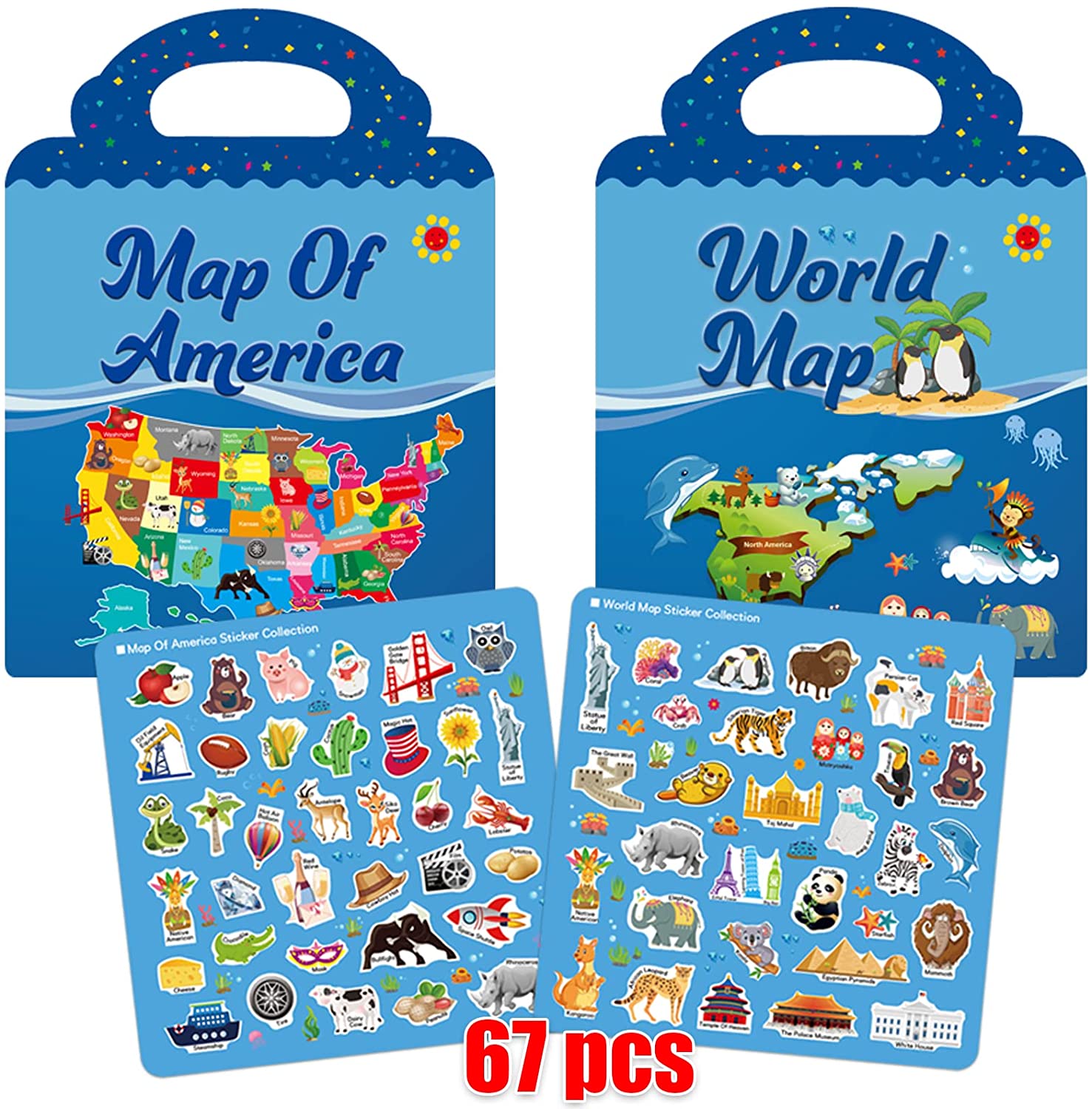 Removable US Map&World Map Puffy Sticker Playset With Various Animals Christmas Gifts For Toddler Girls Boys(2 Pack)