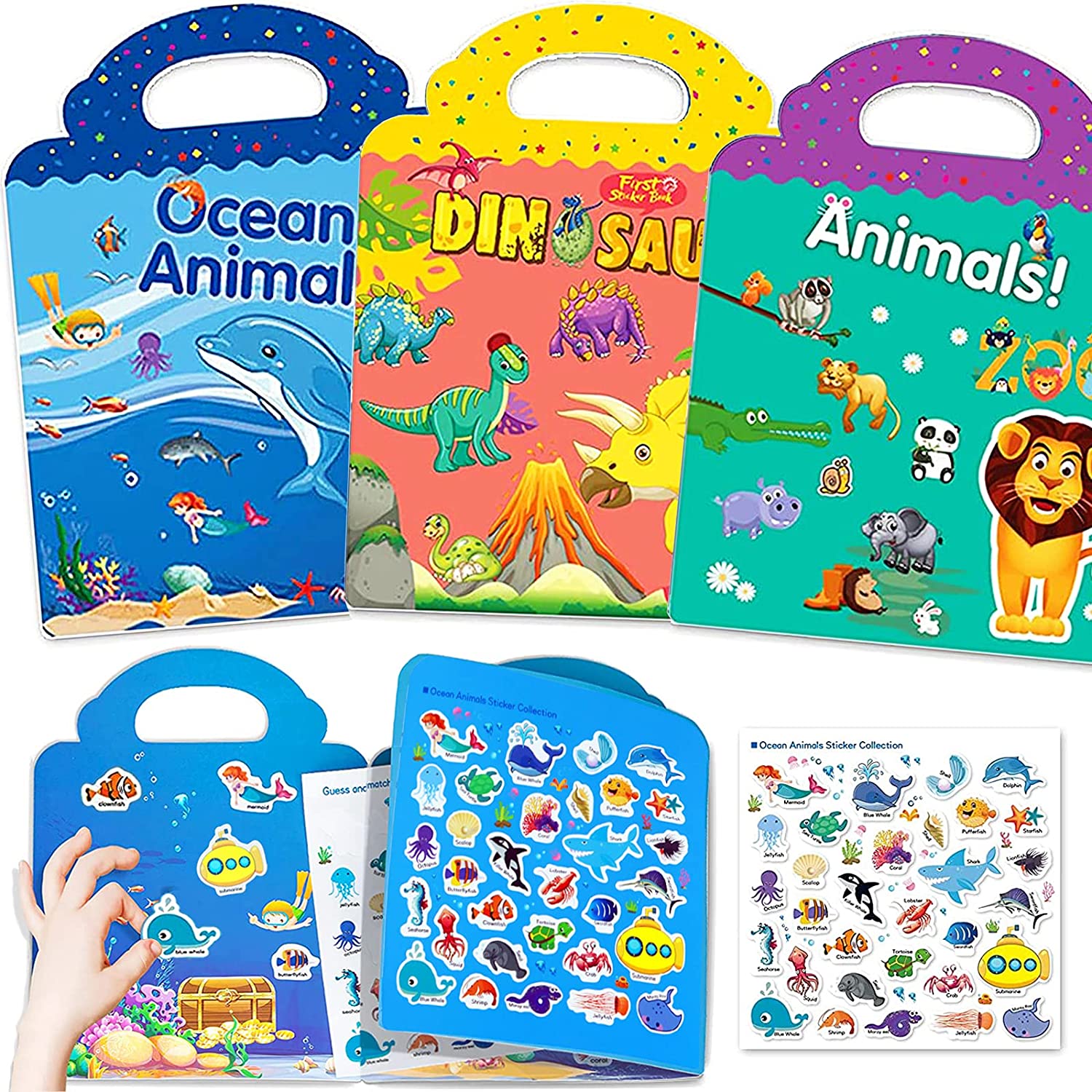 Reusable Sticker Books For Kids, 3 Sets Travel Removable Toddler Sticker Books For 2 3 4 5 Year Old Girls Boys Birthday Gifts Educational Learning Toys For Age 2-4 - Ocean & Zoo Animals, Dinosaur