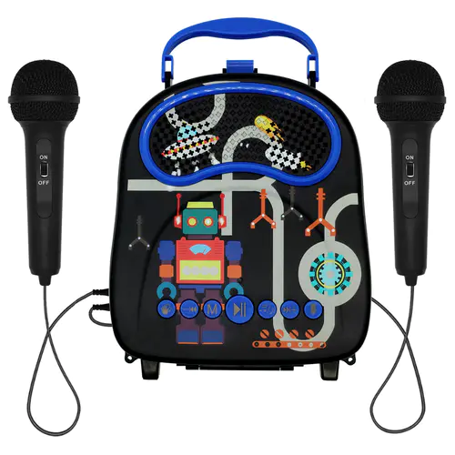 New portable rechargeable mini black robot kids karaoke machine for toddlers singing KTV musical instrument toy with 2 mics