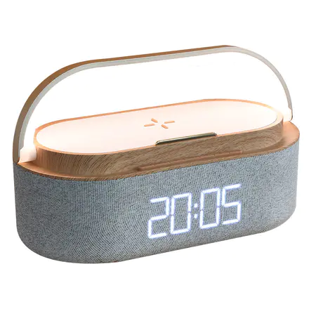 Multi function LED Night Light Qi Wireless Charger Alarm Clock FM Wireless Speaker