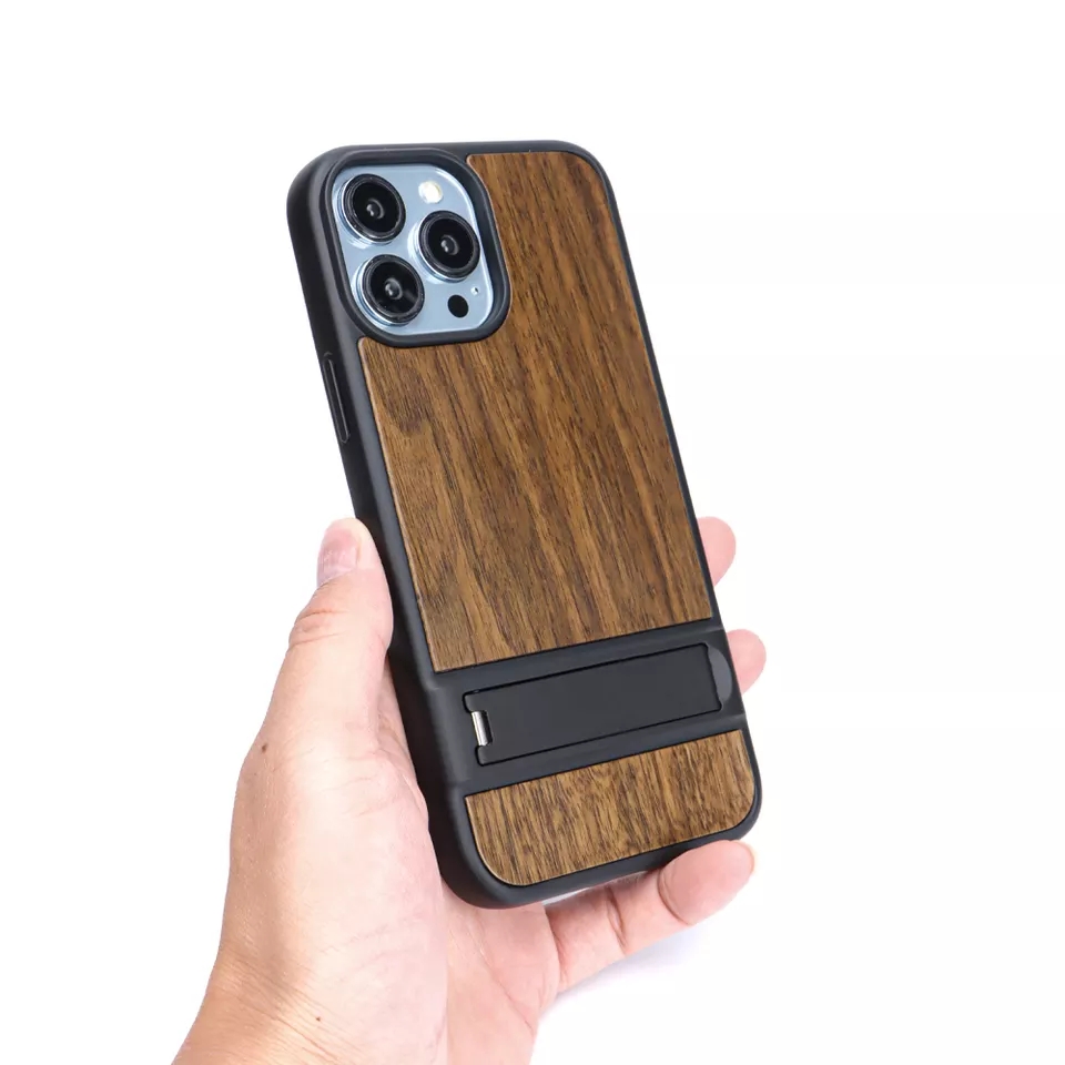 Shockproof Wood TPU Designer Phone Case With Kickstand Holder Stand Phone Case For Iphone 11 12 13 14 Pro Max