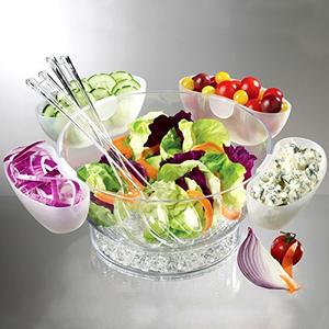 Multifunctional Acrylic Salad Bowl On Ice with 4 Side Servers,ice salad bowl