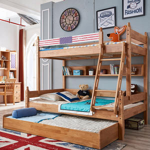 Solid Wood Triple Bunk Bed Oak Wood Bedroom Furniture Modern Kids Bunk Bed