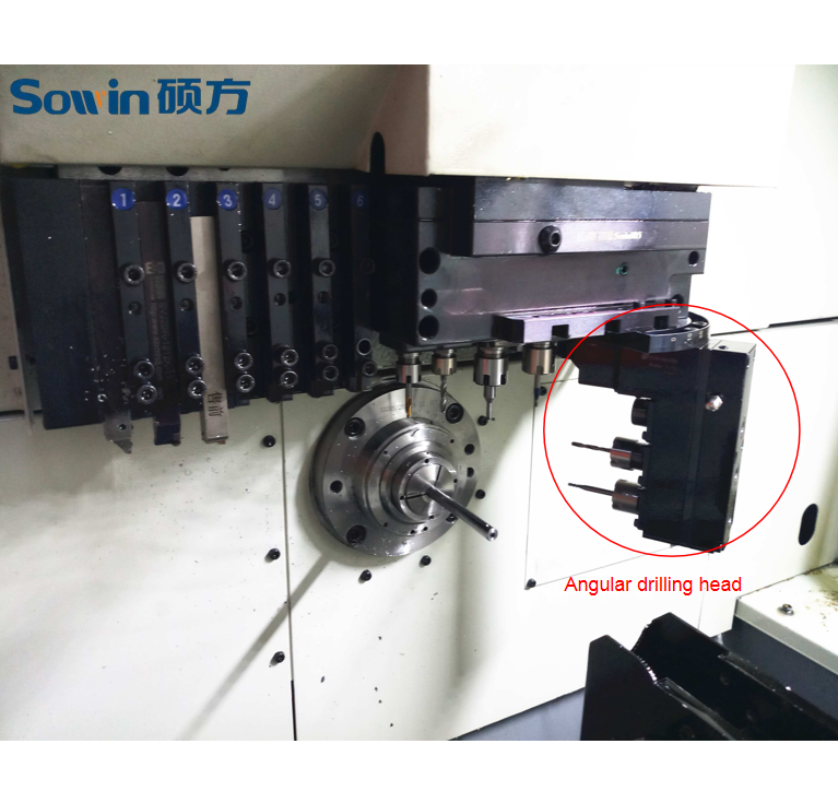 Customized CNC Swiss type lathe with an angular drilling head, angular drilling head