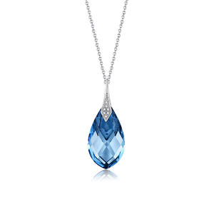 Aquamarine Drop Rose Cut Swarovski Crystal Necklace Rhodium Plated 925 Silver