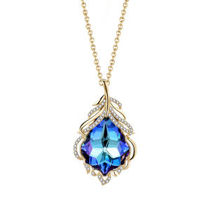 Original Design Swarovski crystal Blue Feather Drop Concept Necklace 18K Gold Plated Over 925 Silver 