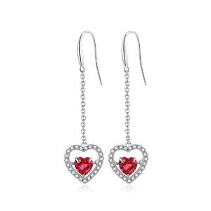 Heart Drop Earrings Ruby Swarovski Cubic Zirconia Bridal Simple 925 Silver