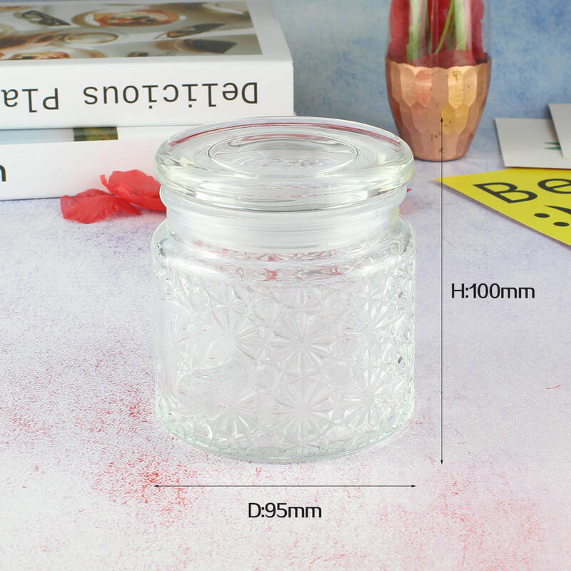 Frasco de vela de vidrio en relieve vacío con tapa plana de vidrio hermético al aire