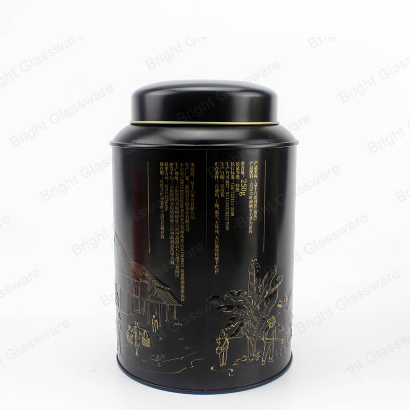 250 г круглый черный металлический жестяной контейнер для чая с крышкой