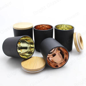 Electroplate dentro del frasco de velas de oro rosa Porta velas votivas de vidrio negro mate con tapa de bambú