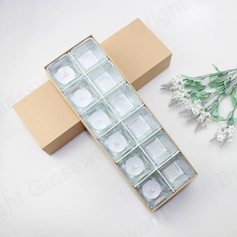 12 Pcs Mini cuadrado Tealight Glass Candle Holder Gift Set con caja de embalaje de papel kraft para boda