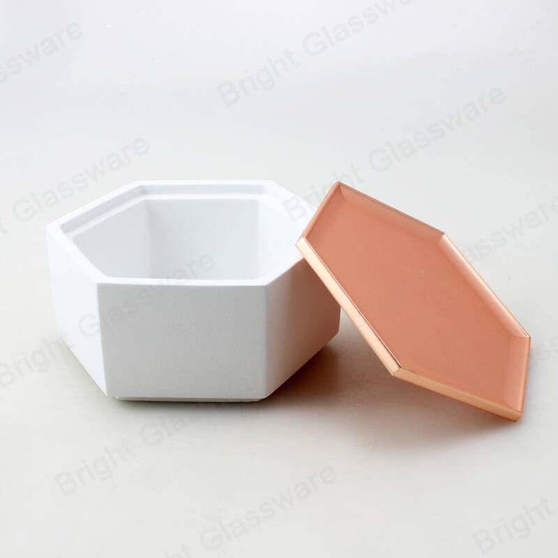 Nuevo diseño de lujo hexágono blanco cemento hormigón jarra de vela con tapa de cobre