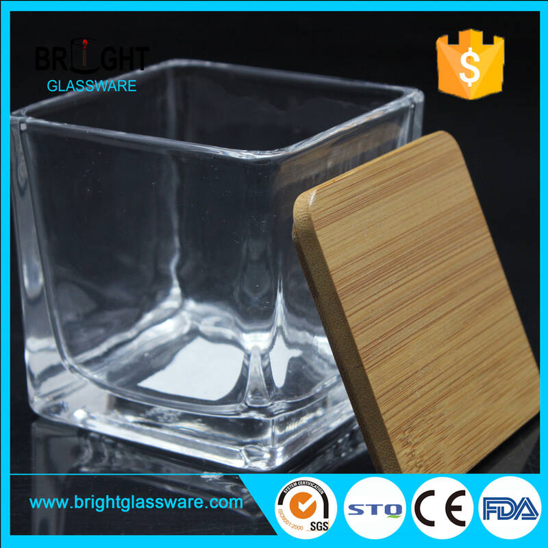 Pot de bougie en verre de haute qualité avec couvercle en bambou Pot de bougie carré clair avec couvercle