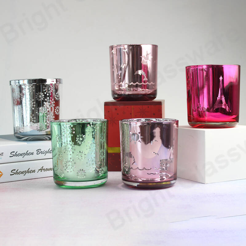 Nouveau design Thème de Noël Electroplaqué Et Laser Carving Finish Flower Pattern Candle Container Candle Jars Glass