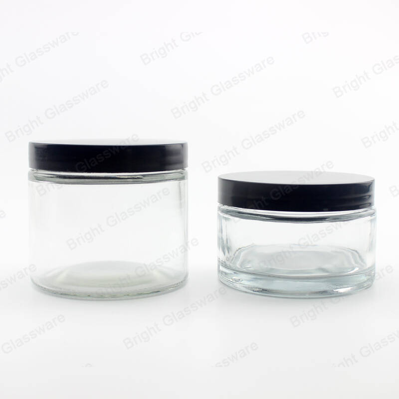 Round Glass Cosmetic Jars 200ml 250ml With Straight Side Black Lid For Skin Care Packaging