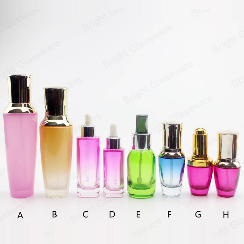Flacons de lotion en verre d’emballage de taille personnalisée et colorés avec pompe / compte-gouttes pour huile essentielle