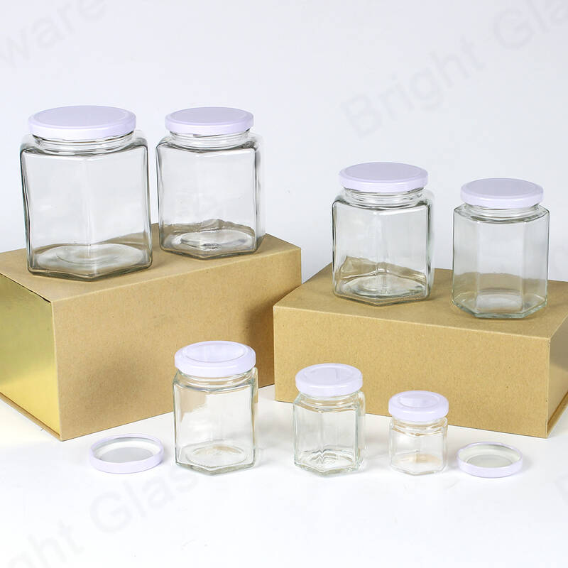 蜂蜜、ジャム、スクリューメタルキャップ卸売付き缶詰食品用六角形ガラス瓶