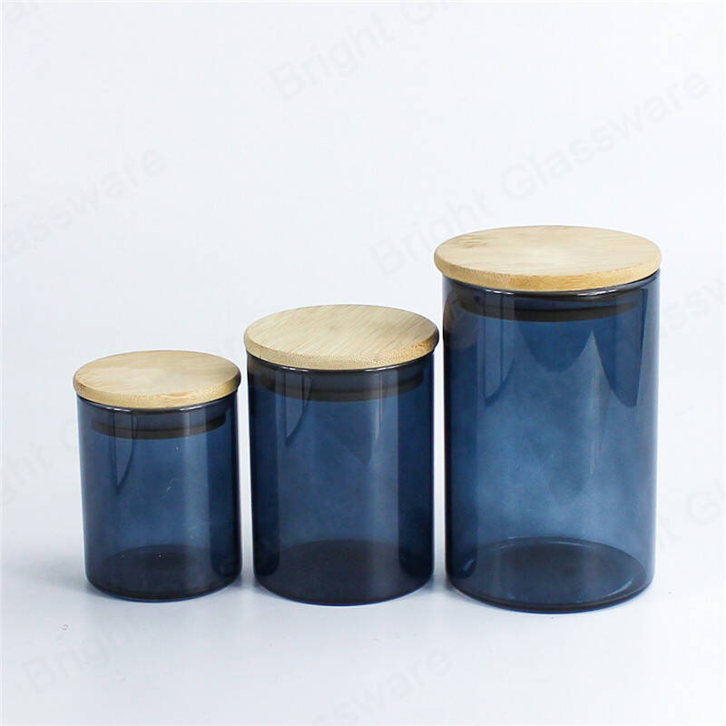 عالية الجودة أنيقة اسطوانة في مهب الزجاج حاملي الشموع الأزرق / الأبيض مع غطاء خشبي ومربع التعبئة والتغليف