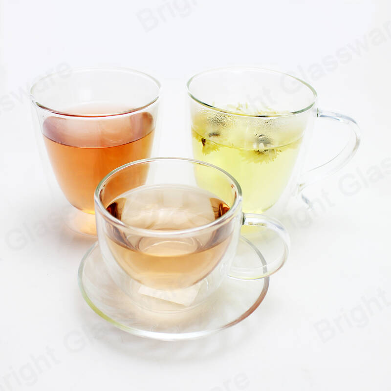 Taza de vidrio de doble pared de borosilicato de té espresso aislado reutilizable con asa y platillo