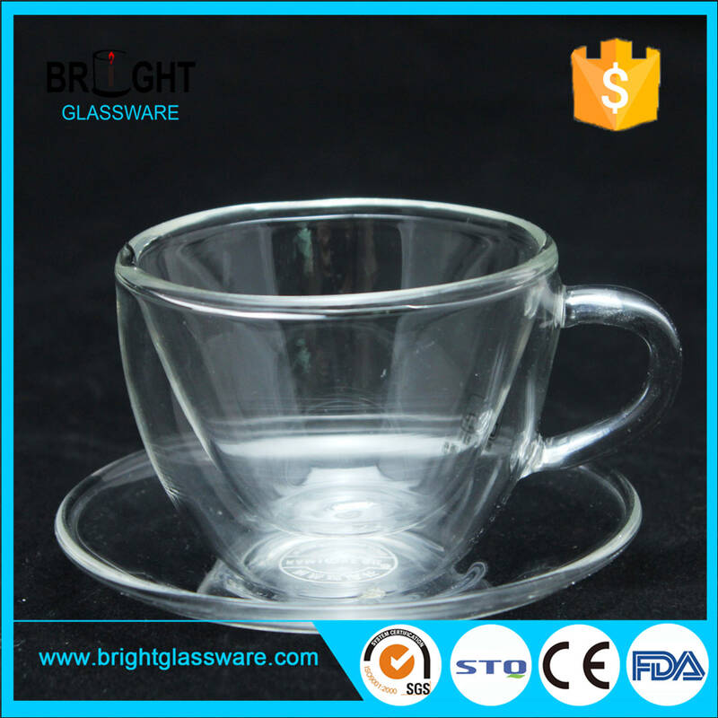 Hecho a mano de alta fibra de borosilicato Pyrex Glass Coffee Double Wall Tea Cup And Saucer Set