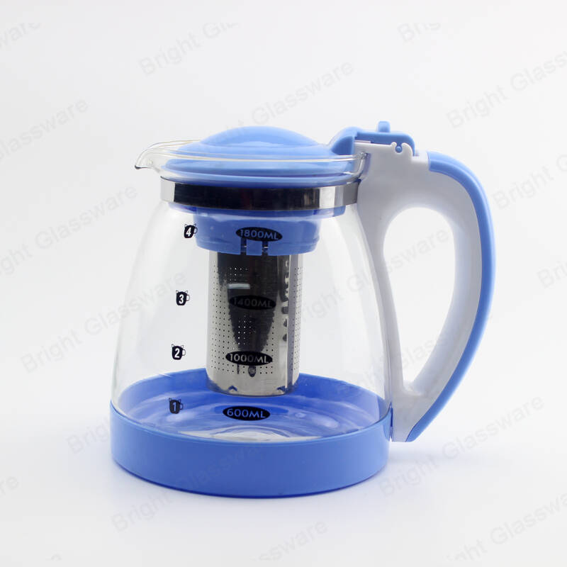 большой емкости 1800 мл синий чайник с большой ручкой стеклянный чайник с заваркой из нержавеющей стали