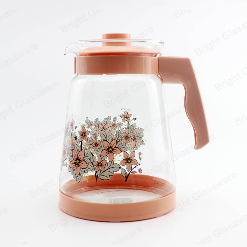 2.5L 2L té café agua jarra de vidrio con calcomanía con logotipo de impresión de calcomanías tetera de vidrio con mango de plástico