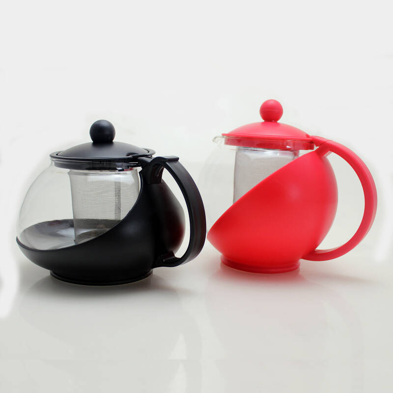 750 مل أسود أحمر مقاوم للحرارة زجاج غلاية الشاي مع مقبض بلاستيكي ومصفاة غير القابل للصدأ بالجملة