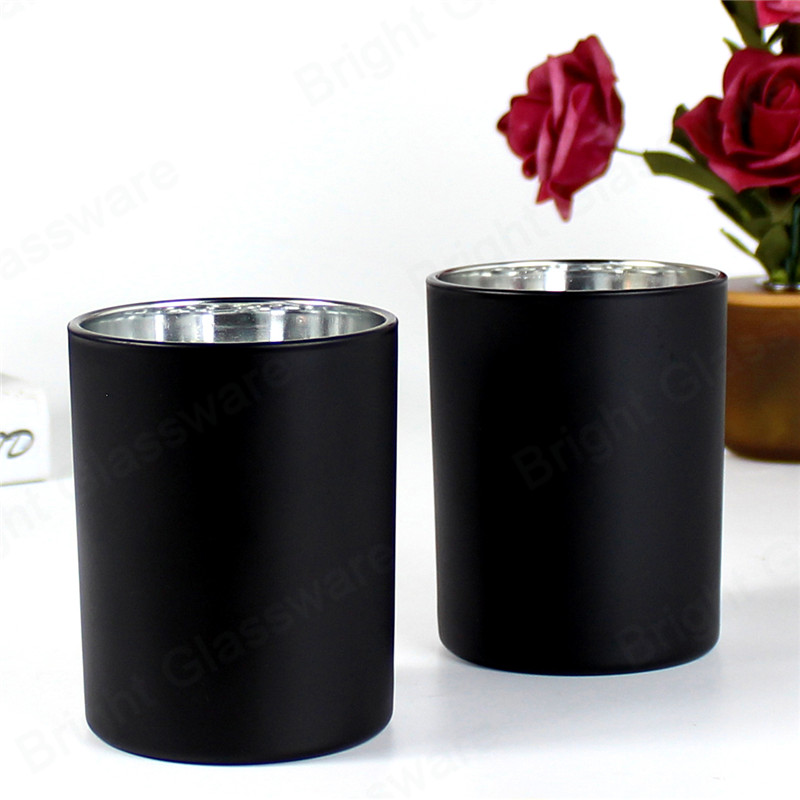 Pots de bougies en verre noir mat de 9 oz à parois droites avec placage d’argent intérieur en gros