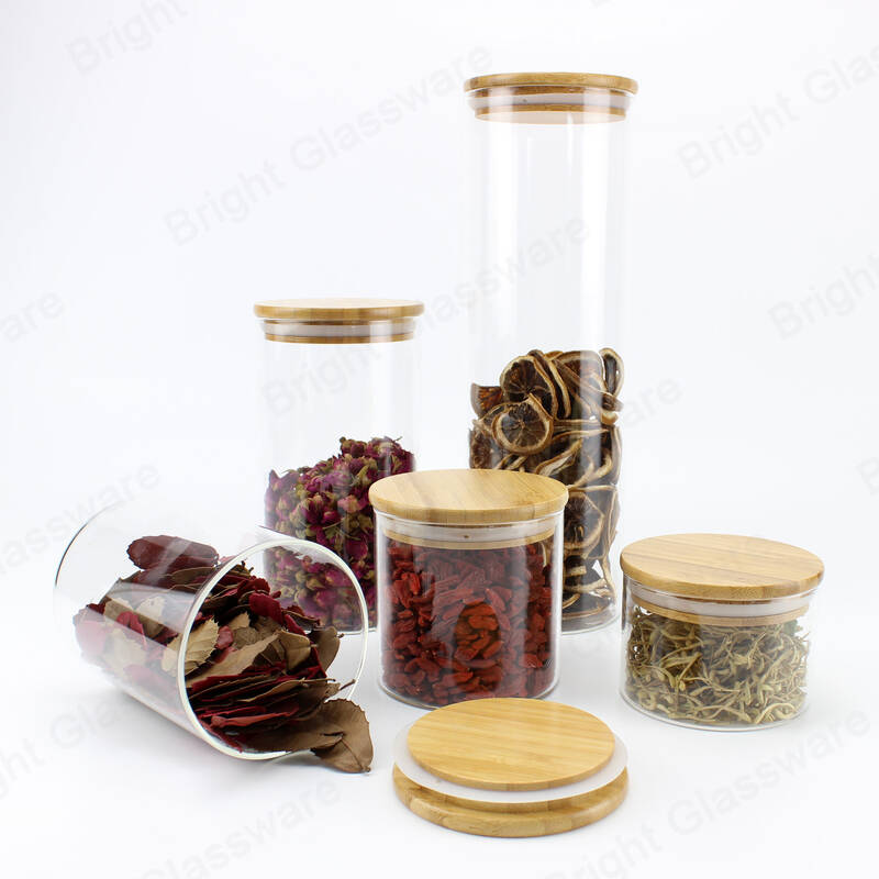Изготовленная на заказ прозрачная круглая банка для хранения пищевых конфет с высоким содержанием бориликатного стекла с бамбуковой крышкой