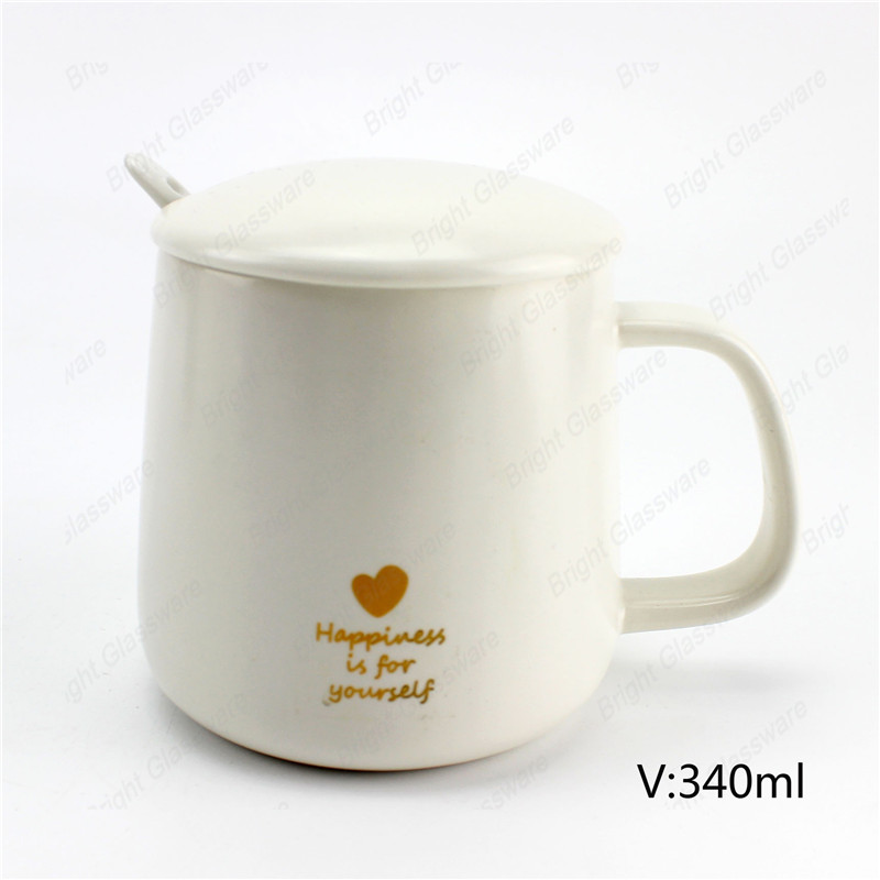 Top Sale 340ml café thé blanc tasse en céramique avec couvercle et cuillère