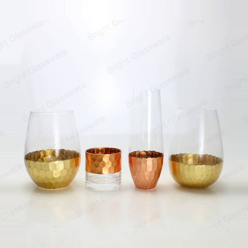 Mesa de comedor europea decorativa pequeñas flores de vidrio jarrón cilindro transparente jarrón de cristal vela con fondo chapado en oro rosa