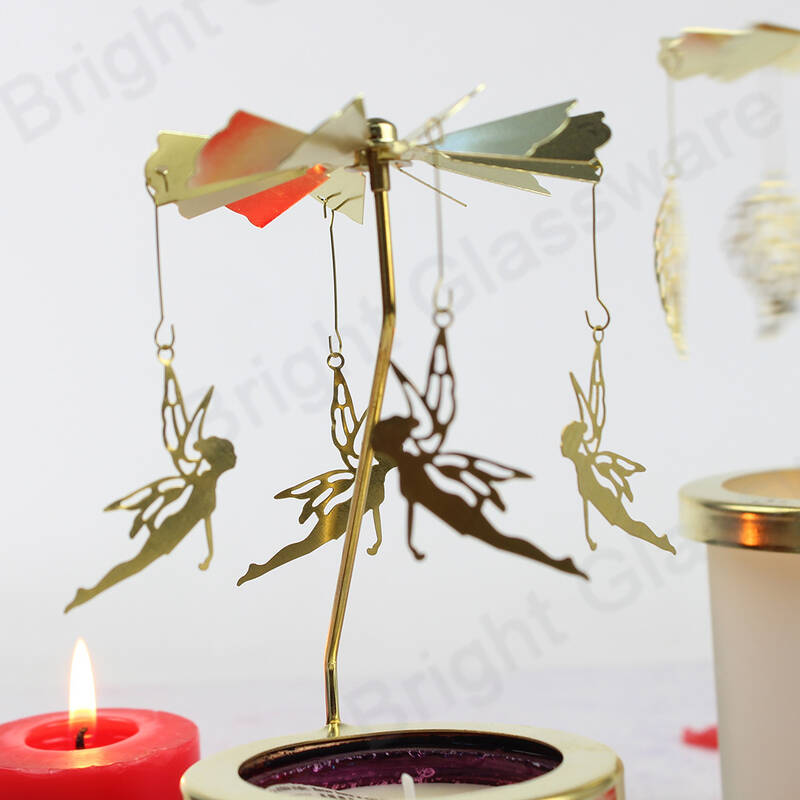 Mesa decorativa de fiesta Golden Fairy Metal giratorio Spinning Angel Candle Holder Stand con taza de vidrio