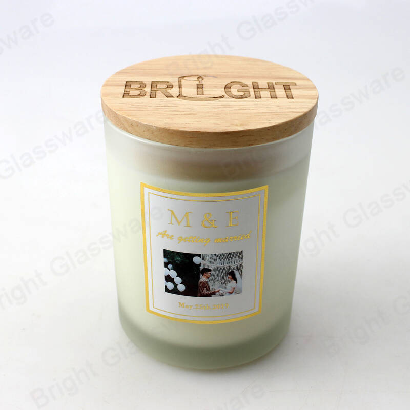 定制品牌徽标磨砂玻璃蜡烛罐，带木盖，用于制作香薰蜡烛