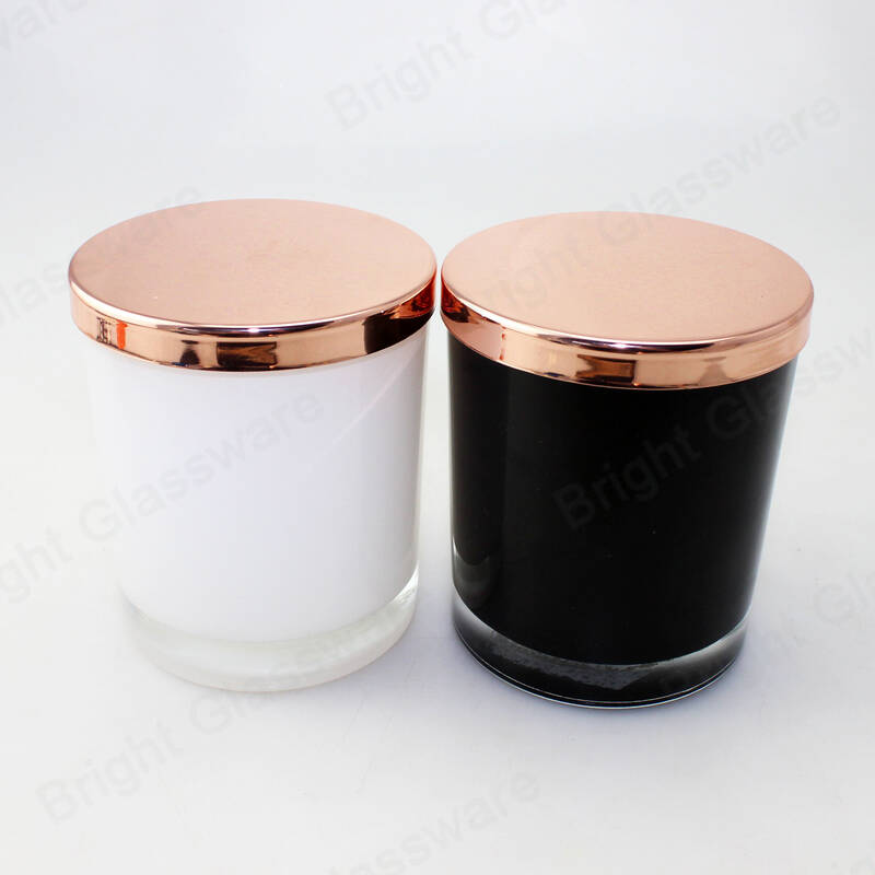 Tarros de velas lisas de vidrio amarillo / negro / blanco de 300 ml con tapa de oro rosa
