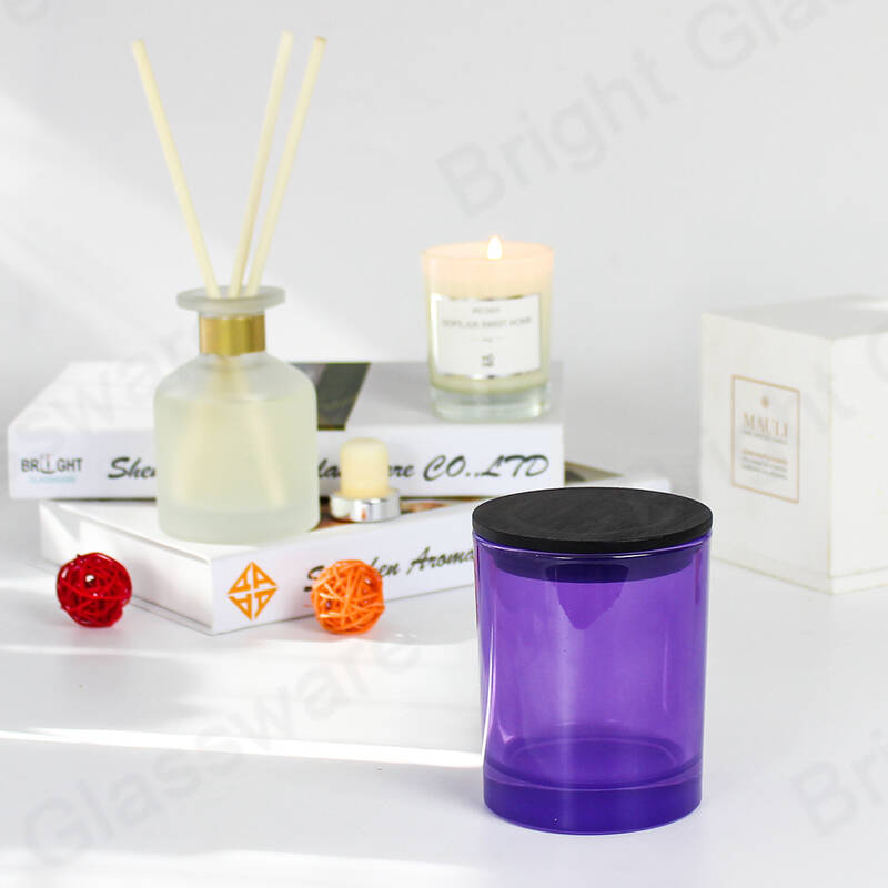 Pots de bougies en verre violet à la mode avec couvercle en bois noir