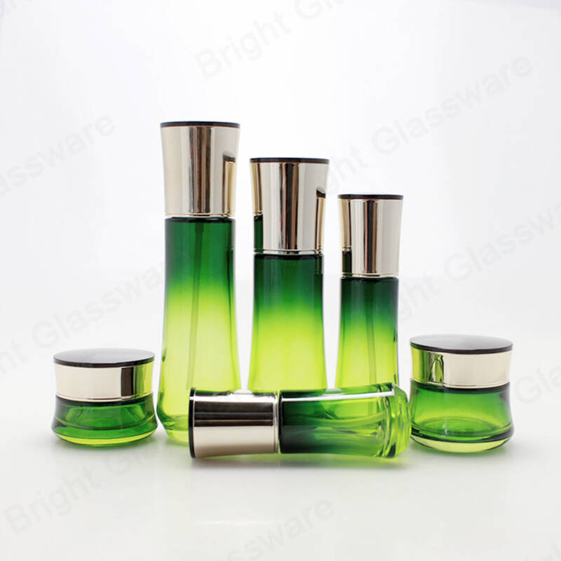 Embalaje cosmético de lujo Jarra de crema de vidrio Set Botella cosmética de vidrio verde