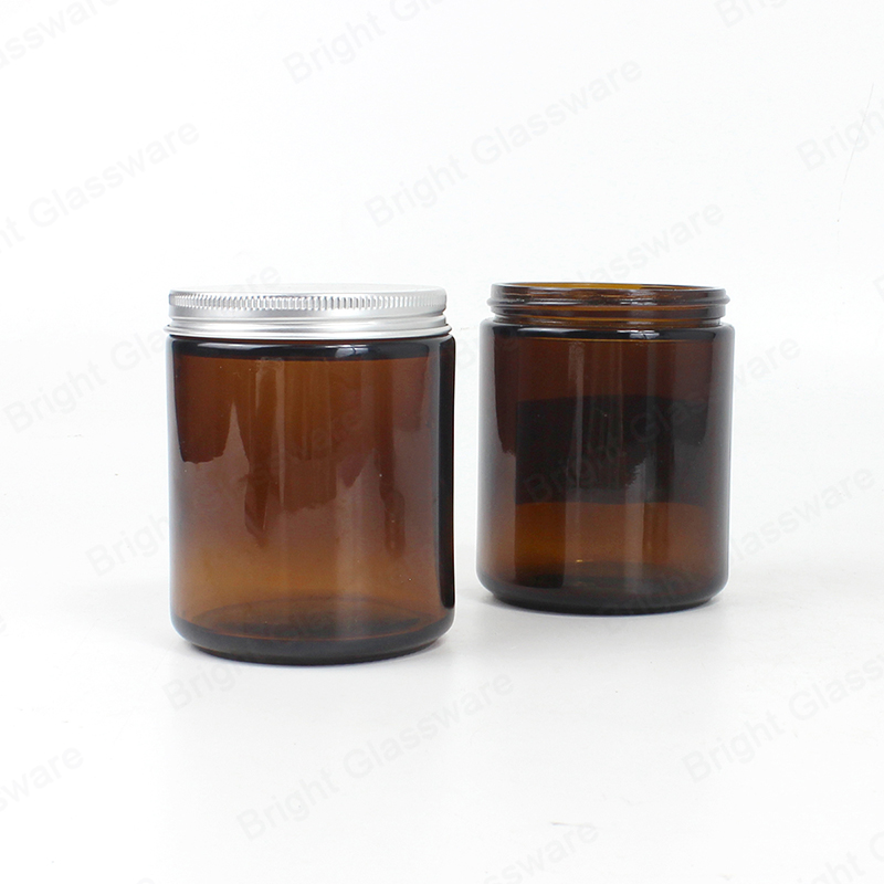 Pots en verre ambré de 8 oz à parois droites pour bougies avec couvercle en métal