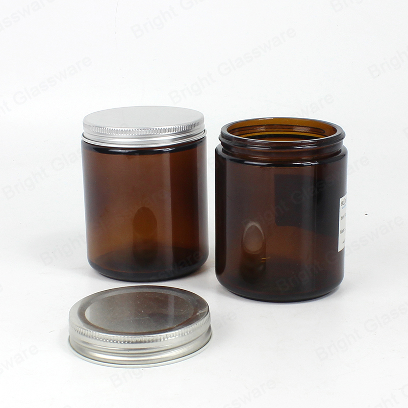 Pots cosmétiques en verre ambré de 8 oz à large bouche avec couvercle en aluminium