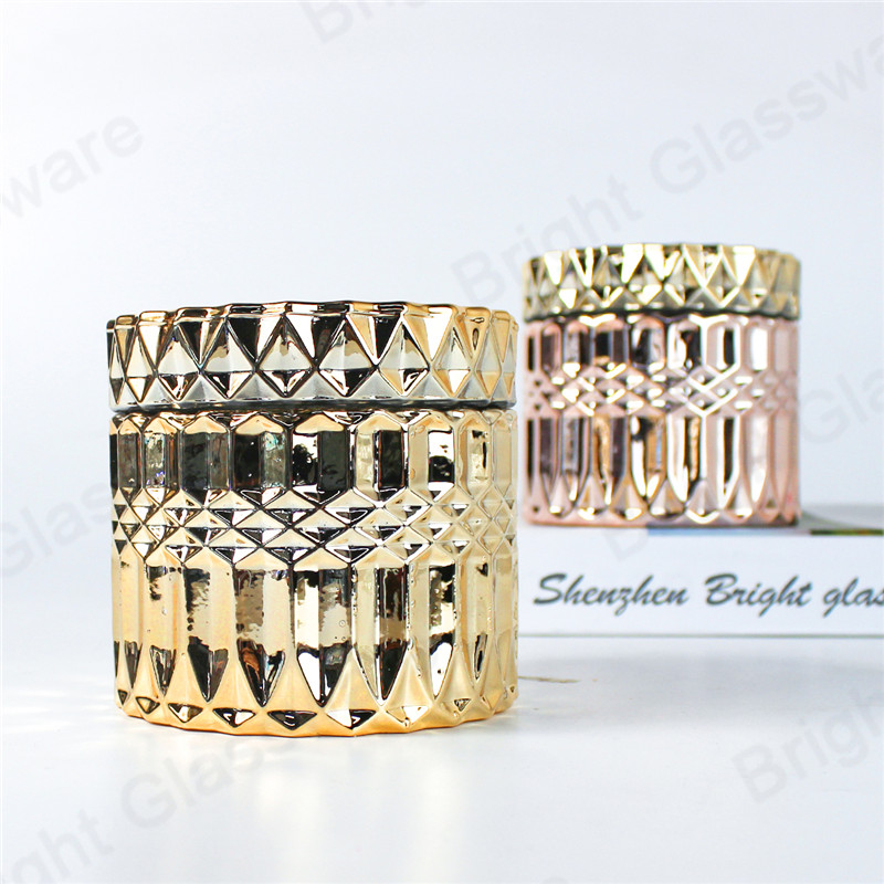 Pots de bougies de luxe en verre d’or rose clair taille de diamant Geo avec couvercle plat